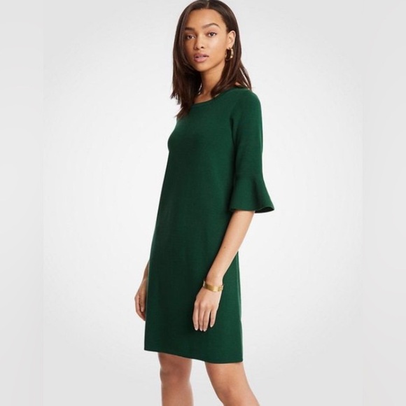 Ann Taylor Hunter Green Flare Sleeve Dress - Picture 1 of 6